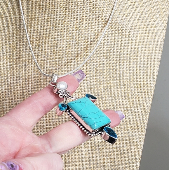 Turquoise necklace, 925 silver turquoise blue topaz pendant necklace - Picture 10 of 14